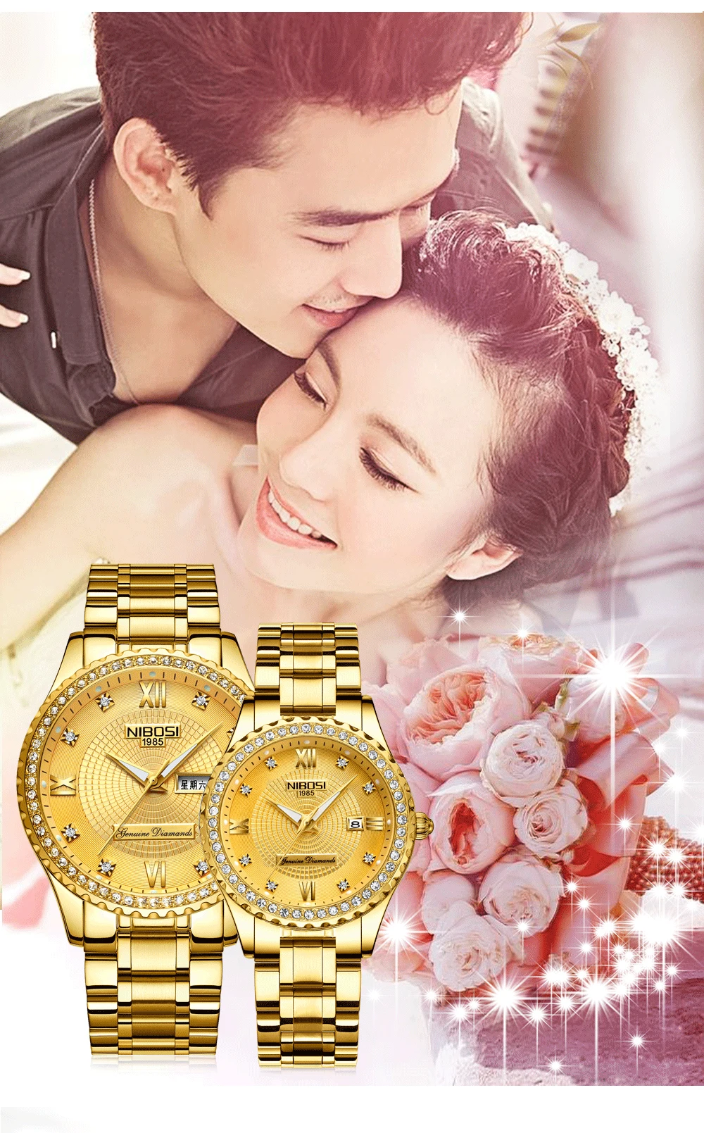 NIBOSI, пара часов для женщин и мужчин, Роскошные Кварцевые наручные часы с кристаллами, часы для влюбленных, часы с датой недели, золотые, синие, Montre Femme, Relogio Feminino