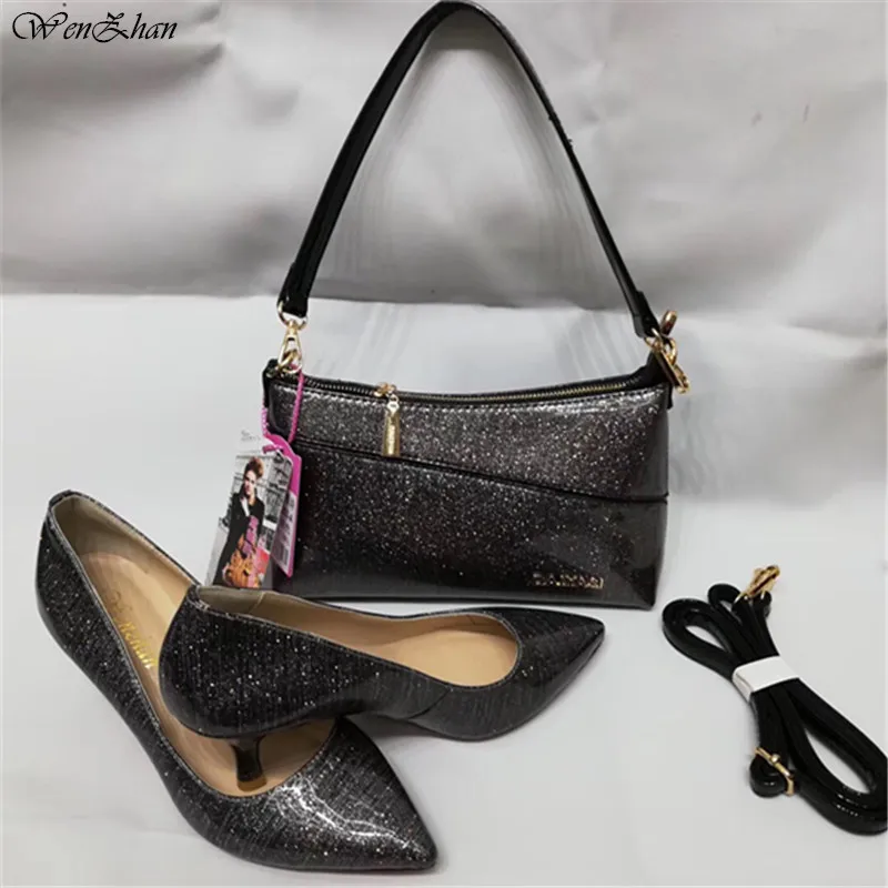 

Mid Heel Soft Shoes With Matching Bag WENZHAN Latest Shining Leather slip on shoes With HandBags For Any Occasion A93-20