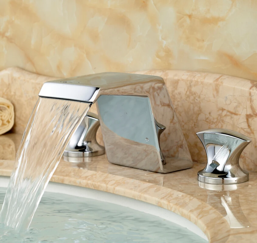 Polished Chrome Waterfall Basin Sink Mixer Taps Deck Mount Double Handle Bathroom Vanity Faucet