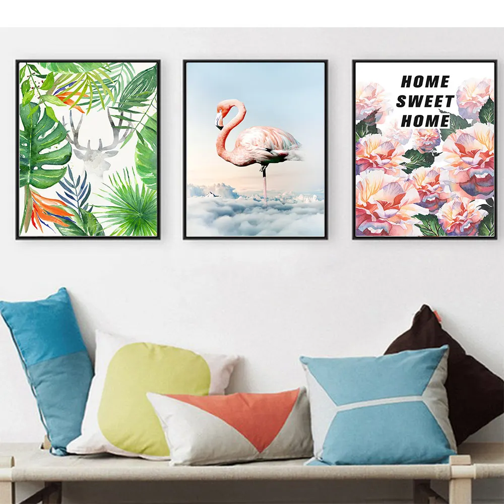 

Wall Posters And Prints Flamingo and flowers Nordic Wall Pictures For Living Room Cuadros Canvas Wall Art print Unframed
