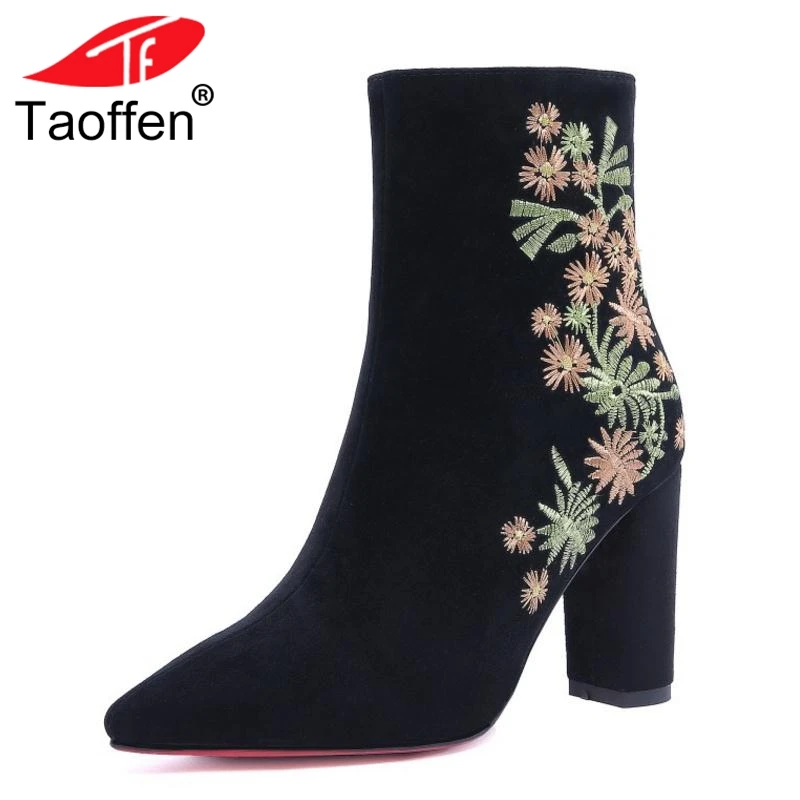

TAOFFEN Women High Heel Boots Winter Ankle Pointed Toe Sexy Ladies Shoes Woman Embroidery Flower Half Short Boots Size 32-41