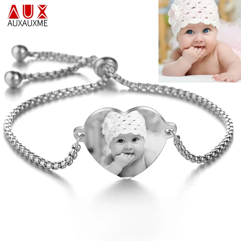 Auxauxme индивидуальные браслеты гравировка фото имя Дата Браслет из нержавеющей стали регулируемые браслеты для женщин ID тег памяти подарок