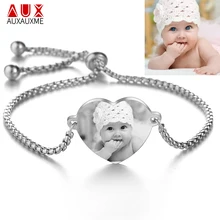 Auxauxme индивидуальные браслеты гравировка фото имя Дата Браслет из нержавеющей стали регулируемые браслеты для женщин ID тег памяти подарок