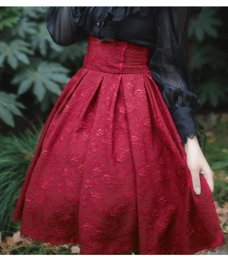 Винтажная юбка с цветочным принтом, Жаккардовая юбка с высокой талией для женщин, Готическая официальная юбка, белая/черная/бордовая - Цвет: Красный