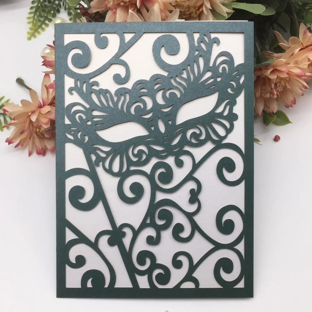 

100Pcs/Lot Exquisite Dark Green Wedding Invitation Laser Cut Mask Design Wedding Card Carnival Theme Party Invitations Card