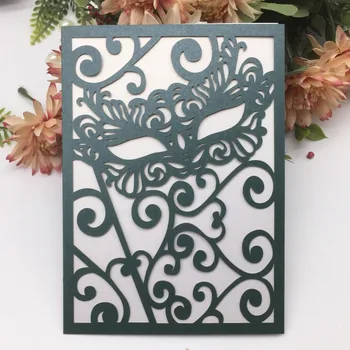 

100Pcs/Lot Exquisite Dark Green Wedding Invitation Laser Cut Mask Design Wedding Card Carnival Theme Party Invitations Card