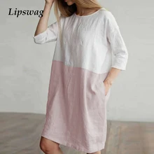 Lipswag 5XL женское повседневное лоскутное платье с круглым вырезом и карманами, 1/2 рукав, хлопок, лен, платья, большие размеры, свободные вечерние платья, Vestido