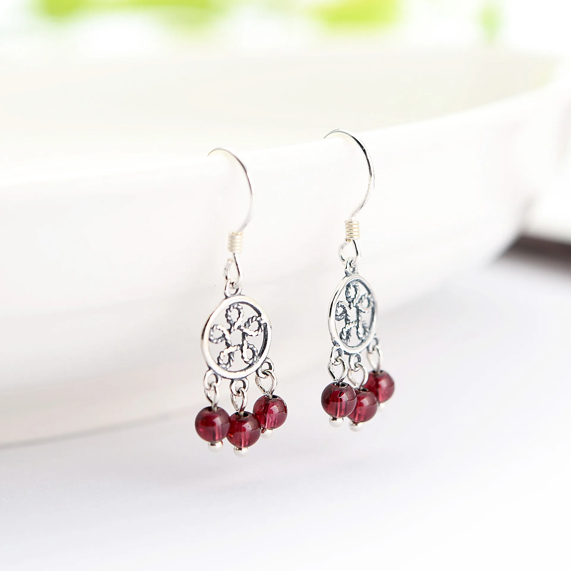 red beads vintage dangle earring 100% 925 Sterling silver Jewelry fashion Hypoallergenic earrings for women girl gift