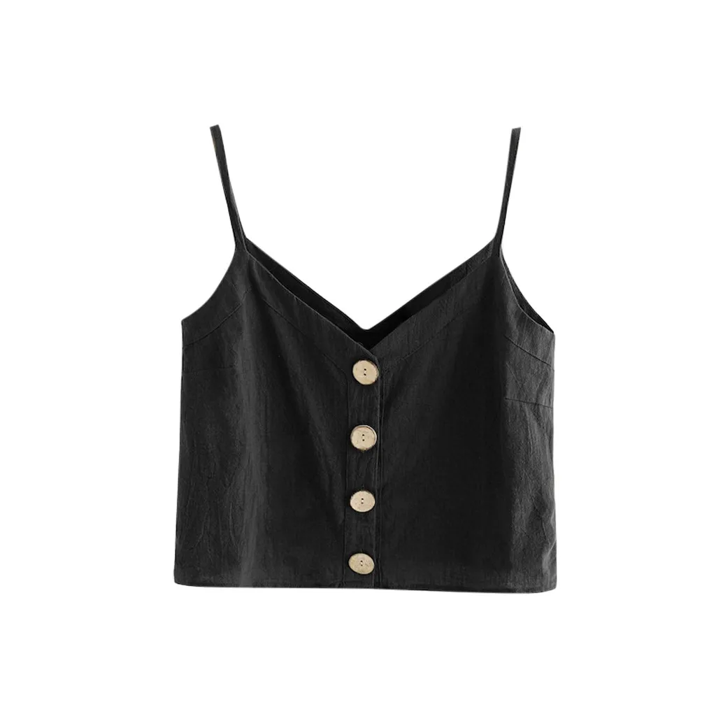 

YOUYEDIAN Single Breasted Button Tank Tops 2018 Fashion Womens Vest Sleeveless Tops Solid Linen V-Neck Camis