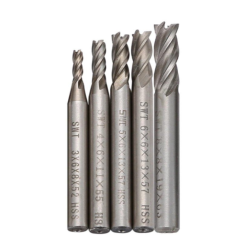 5Pcs 4 Flute End Mill Router Bit HSS Carbide 3/4/5/6/8mm Milling Cutter