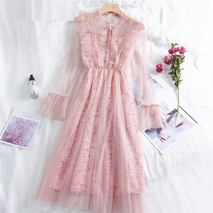 Женское милое платье принцессы с оборками и длинными рукавами - Цвет: Розовый