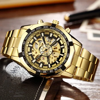 Automatic Mechanical Watch Men Winner Skeleton Watches Gold Bracelet Wristwatch Luxury Brand Mechanical Clock Male