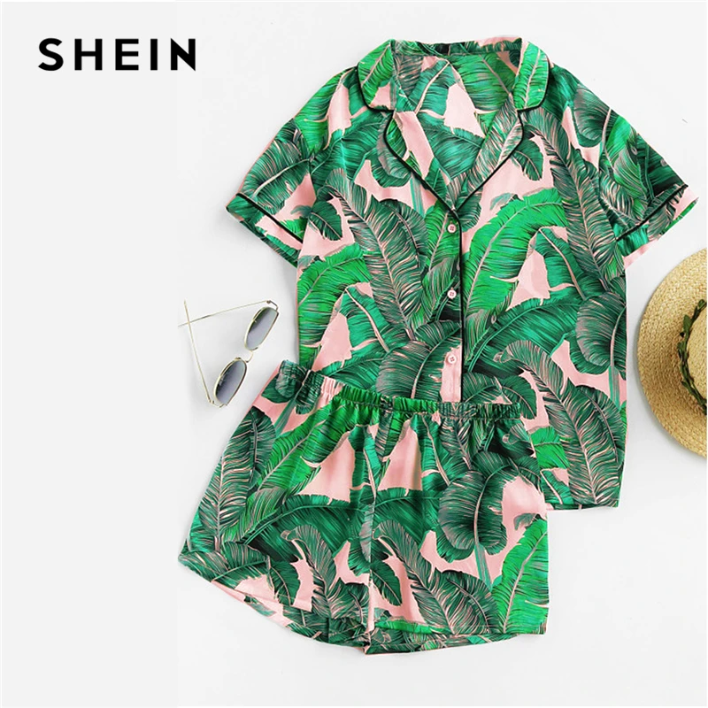 

SHEIN Multicolor Tropical Palm Leaf Print Shirt and Shorts PJ Set Casual Button Short Sleeve Women Summer Nightwear Pajama Sets