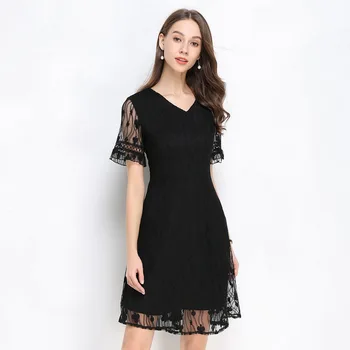

201Summer Fashion elegant lace dress short sleeve V neck pinched waist black party dress Casual vestidos Plus Size oversized 5XL