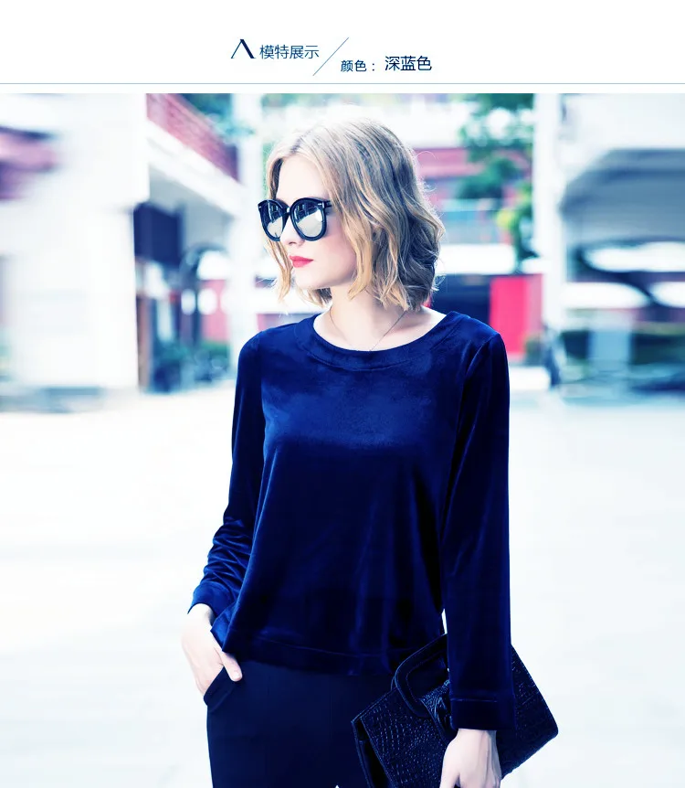 Fashion Women velvet shirt ,New Spring Autumn O-neck long sleeve Velvet blouse ,black blue velour striped sweater