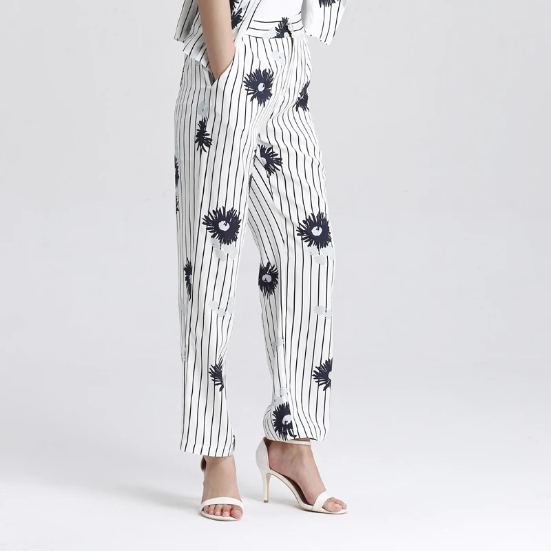High Quality Fabric Pants Women Striped Printed Casual Pants Mid Waist