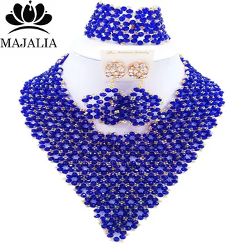 

Majalia Fashion Nigeria African Wedding Jewelry Crystal Royal Blue and Gold ab Crystal Bead Necklace Bride Jewelry Sets 4JX014
