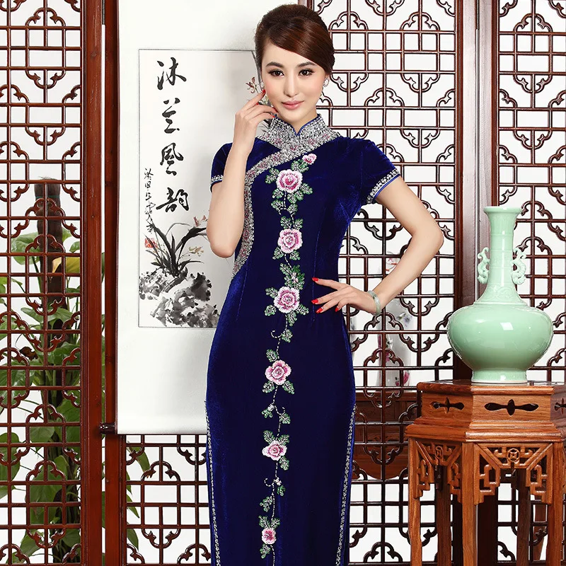 Роскошное ручное вышитое бисером бархатное платье для мамы Cheongsam голубое китайское традиционное длинное Qipao женское Qi Pao восточное платье