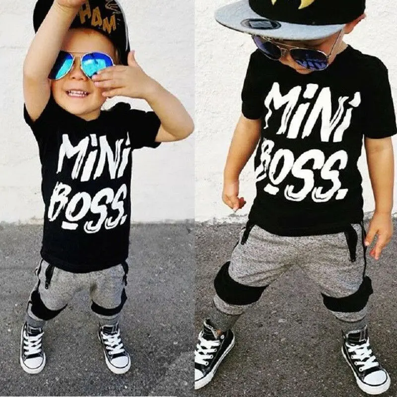 

Summer Kids Baby Boy Clothes Boys Outfits Sets Grey Short Sleeve Tops Mini Boss Letter T-Shirt + Grey Pants Black Stripe