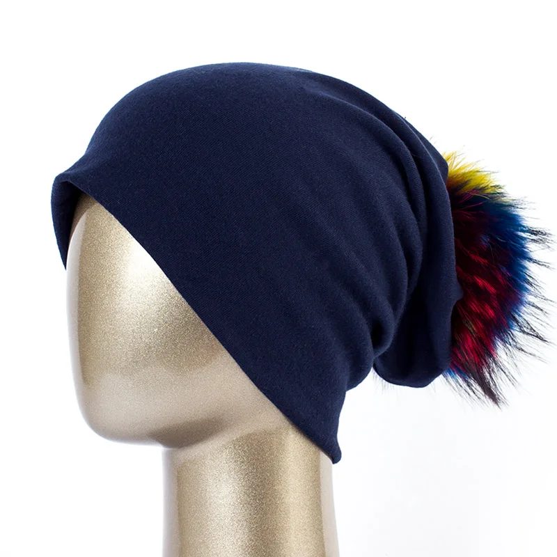 Бренд Geebro, женская шапка бини, Повседневная хлопковая шапка с помпоном, шапки бини, енот, помпон Лисий мех, Skullies, шапки-Балаклавы для женщин, JS294 - Цвет: Navy C