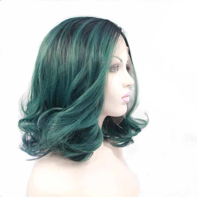 Черный темное Омбре синий зеленый 2 тона синтетические волосы на кружеве парики Волнистые Pervado волосы высокотемпературные волокна бесклеевая Cabelo Pelo