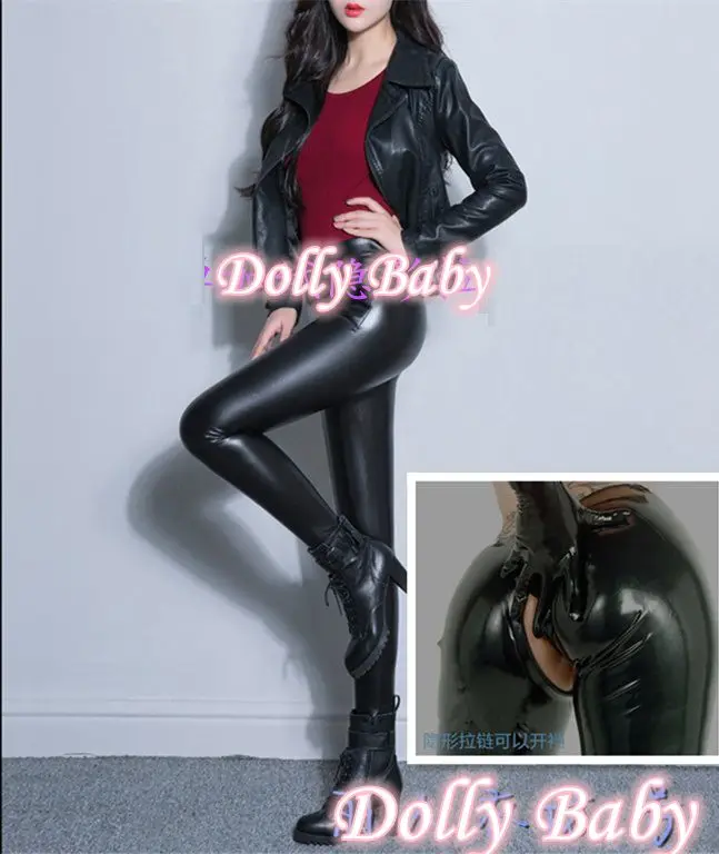 

Women Lady Faux Leather Slim Tight High Waist Trousers Plus Velvet Sexy Zip Crotch Elastic