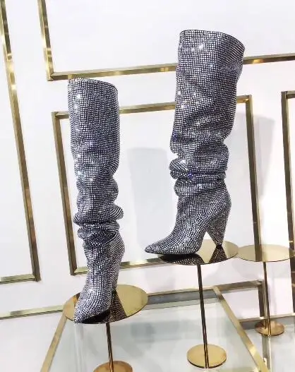 Silver Knee High Cone Heel Pointy Toe Slouchy Rhinestone Crystal Slip On Boots 