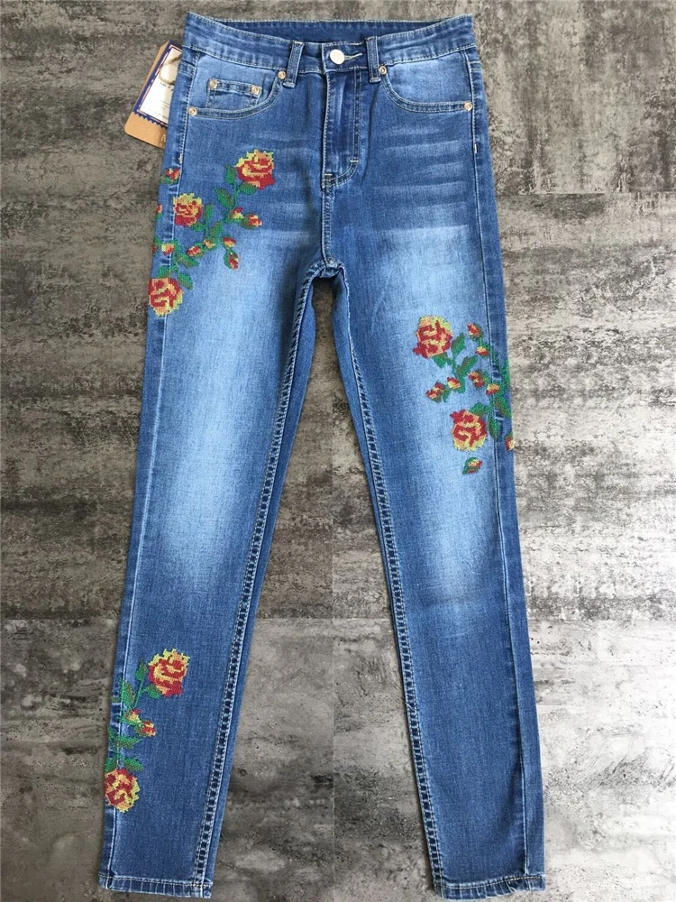 2017 European and American women's high waist elastic front and rear side of the cross embroidery roses washed cat to be cowboy pants pants pants (14)