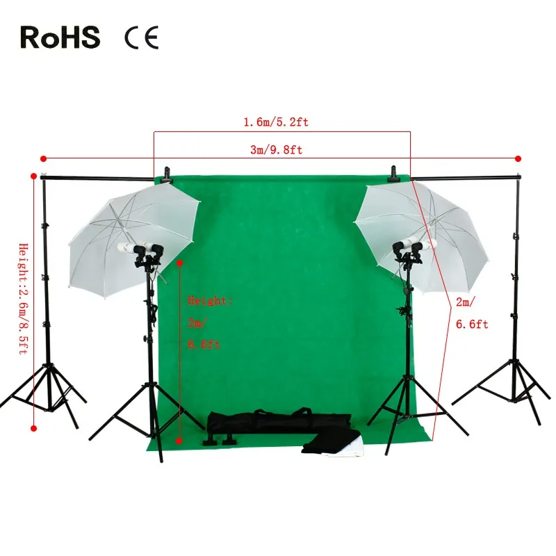 

Photo Studio Backdrop Umbrella Lighting Kit Set +Background Support Stand+3*backdrops+4*45w Daylight Light Bulb+2*umbrella