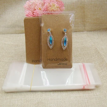 

200card+200 bag per lot Jewelry kraft Earring Display Cards Earring Card9*5cm W/ Self Adhesive Bags handmade with love printed