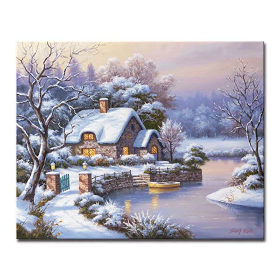 

DIY Oil Painting By Numbers Kits Coloring Handpainted Winter Night Small House Lakes Canvas Pictures Home Decor Wall Art Framed