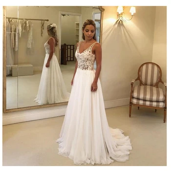 

LORIE A Line Wedding Dress 2019 Open Back applique White Ivory Lace Top Bridal Gown Deep V Neck Wedding Gowns