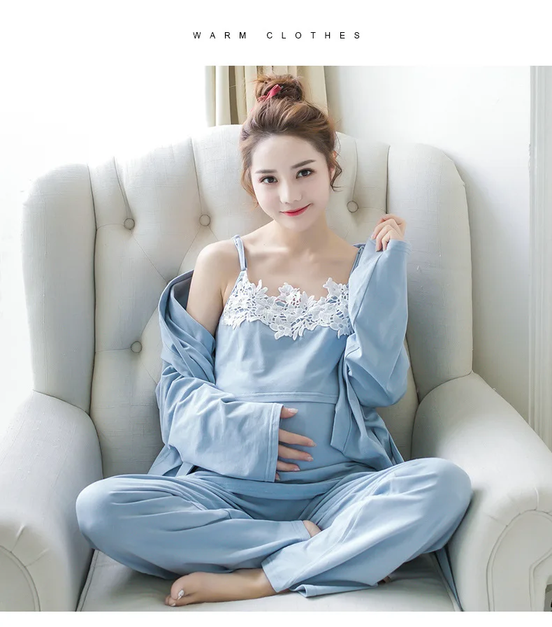 Комплект хлопковой ночной рубашки для беременных женщин, кардиган+ майка+ брюки, пижама из трех предметов, пижама для беременных с v-образным воротником