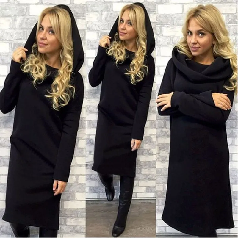 

Women Hooded Dress 2016 Casual Long Sleeve Warm Autumn Winter Dress Slim Straight Solid Black Winter Dresses S-XL 4 Colors