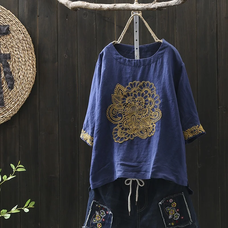 Женские китайские Топы летние винтажные рубашки с вышивкой в народном стиле женские топы и блузки из хлопка и льна одежда в восточном стиле TA1603