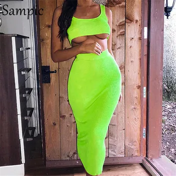 

Sampic Sexy Neon Two Piece Set Women Crop Top Club Pink Outfits Set White Black Red Purple Skirt Summer Womens 2 Piece Set 2019