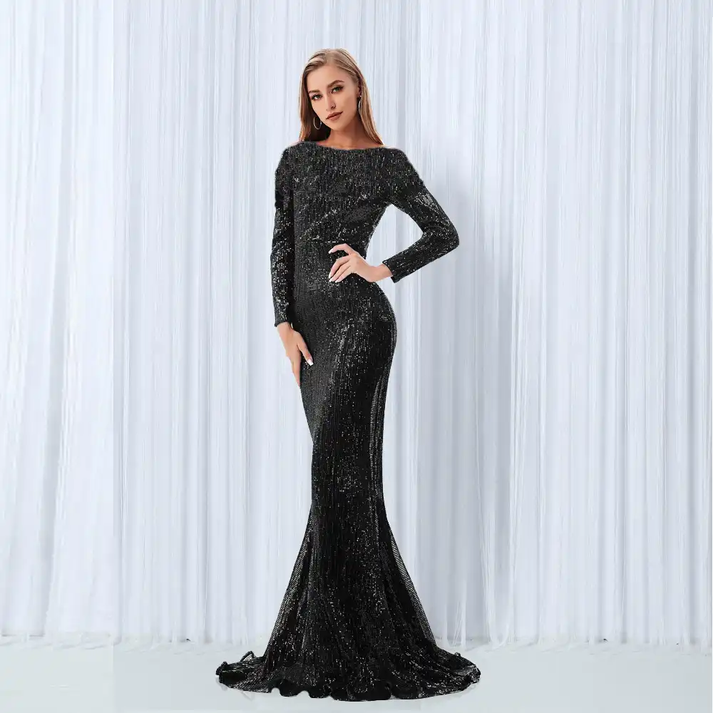 Floor Length O Neck Party Dress Gown Full Sleeved Bodycon Black Sequined Dress Stretchy Night Long Dress