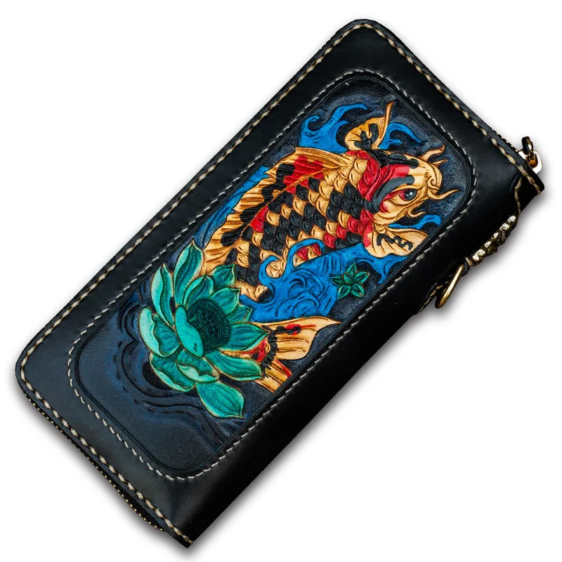

Unisex ethnic style handmade long zipper wallet leather carved leather large capacity clutch bag retro multi-card wallet wallet