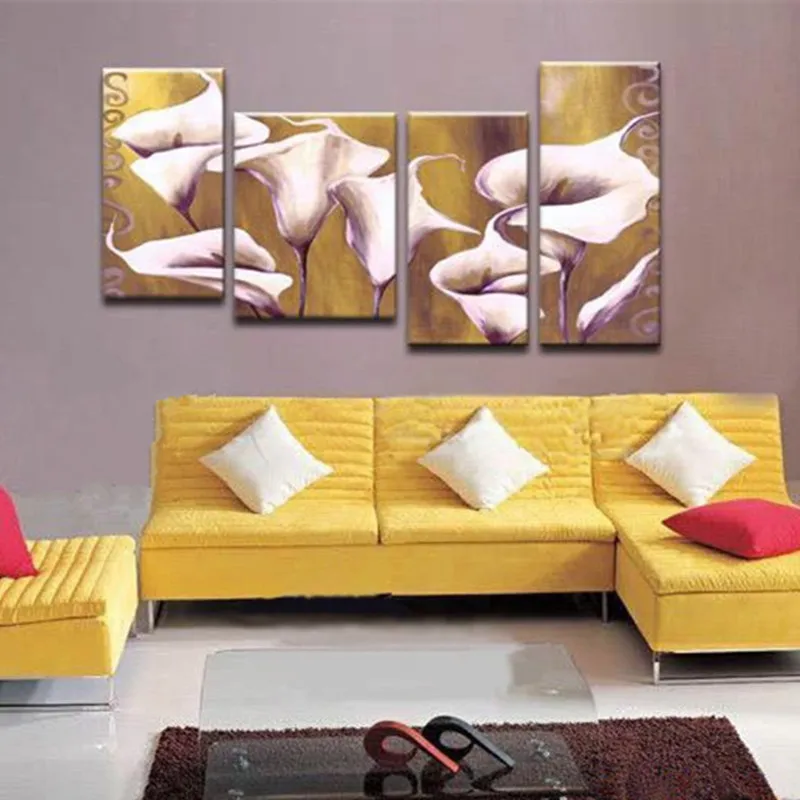 

Large Home Decor Wall Art 4 Panel Pictures Handpainted Abstract White Lily Flower Oil Painting Handmade Canvas Floral Paintings