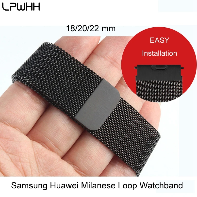 

LPWHH Samsung Huawei Milanese Band 18mm 20 22mm Silver Black Watches Strap Clasp Magnet Easy Installation Comfortable Watchband