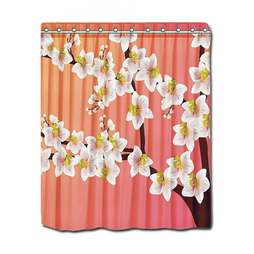 YYT Shower Curtains White Orchids On Branch Pink Salmon Gradient Curtain | Дом и сад