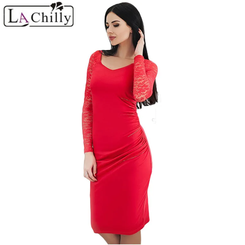 Red-Black-Lace-Sleeve-Embroidery-Ruched-Sheath-Dress-LC61937-3-26103