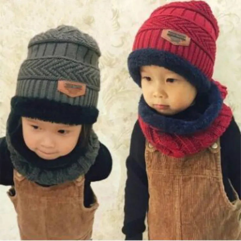 Шеи теплее зимняя шапка для детей мальчиков и девочек Утолщенный флис лайнер вязаная шапочка шарф набор детей кольцо шарф зимняя шапка набор