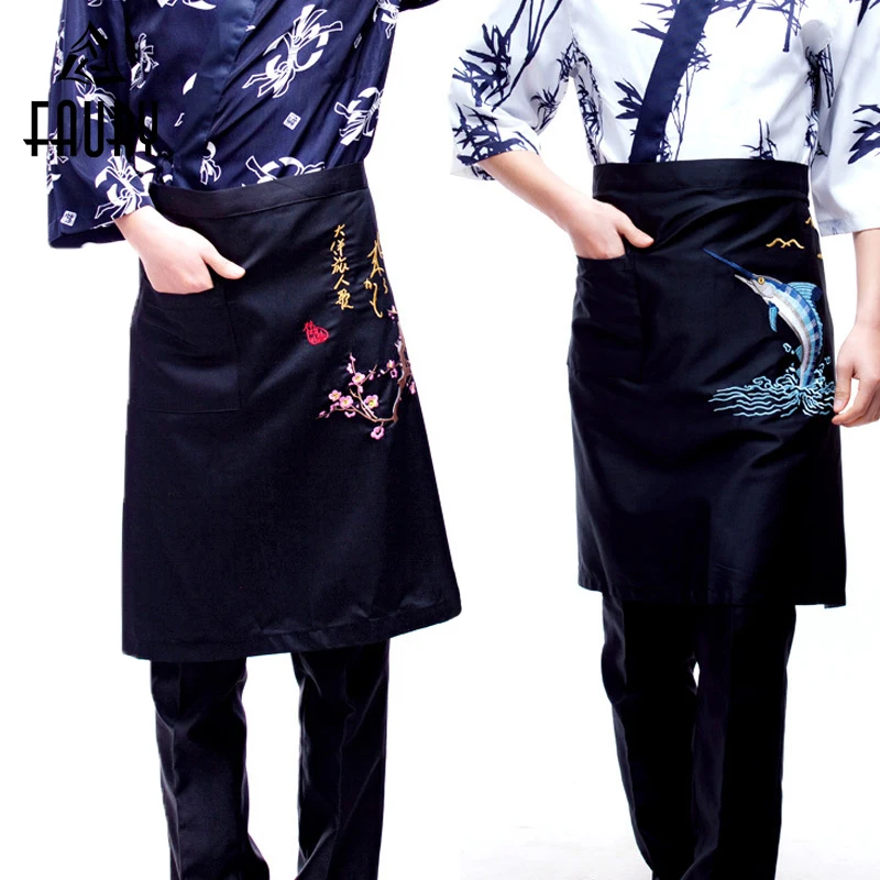 

Unisex Korean Japanese Restaurant Chef Waiter Work Apron Wholesale Food Service Half-length Embroidery Sushi Aprons Overalls