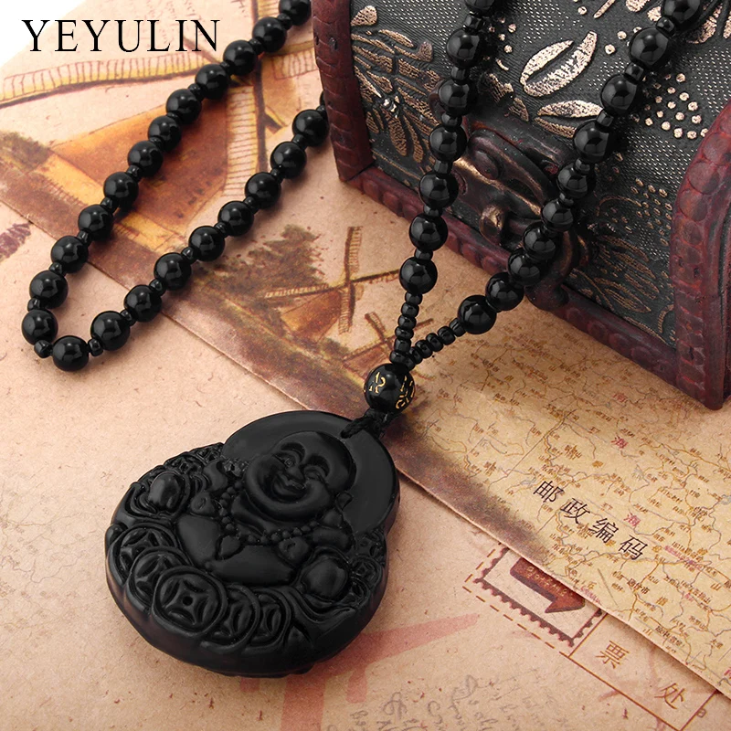 Чудесный резной кулон с изображением Будды и Гуаньинь Maitreya Lion Black Obsidian Lucky blession ожерелье ювелирные изделия для женщин и мужчин