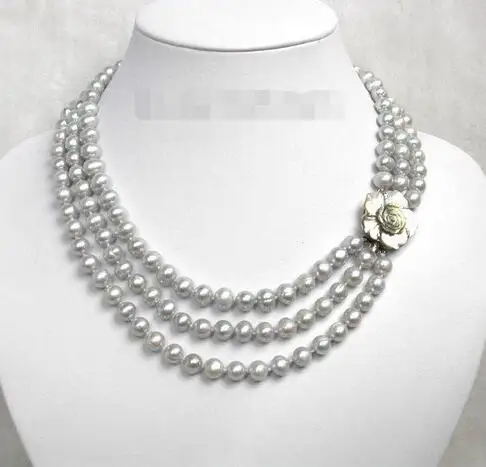 

Free Shipping >> 3row 7mm silver-gray freshwater pearls necklace seashel