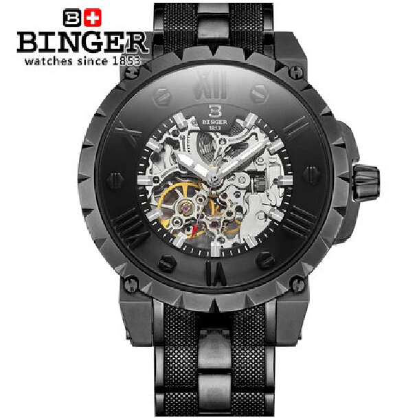 

Switzerland BINGE Men's Watches Luxury Brand Mechanical Skeleton full stainless steel Wristwatch waterproof Male Clock B-5032-3