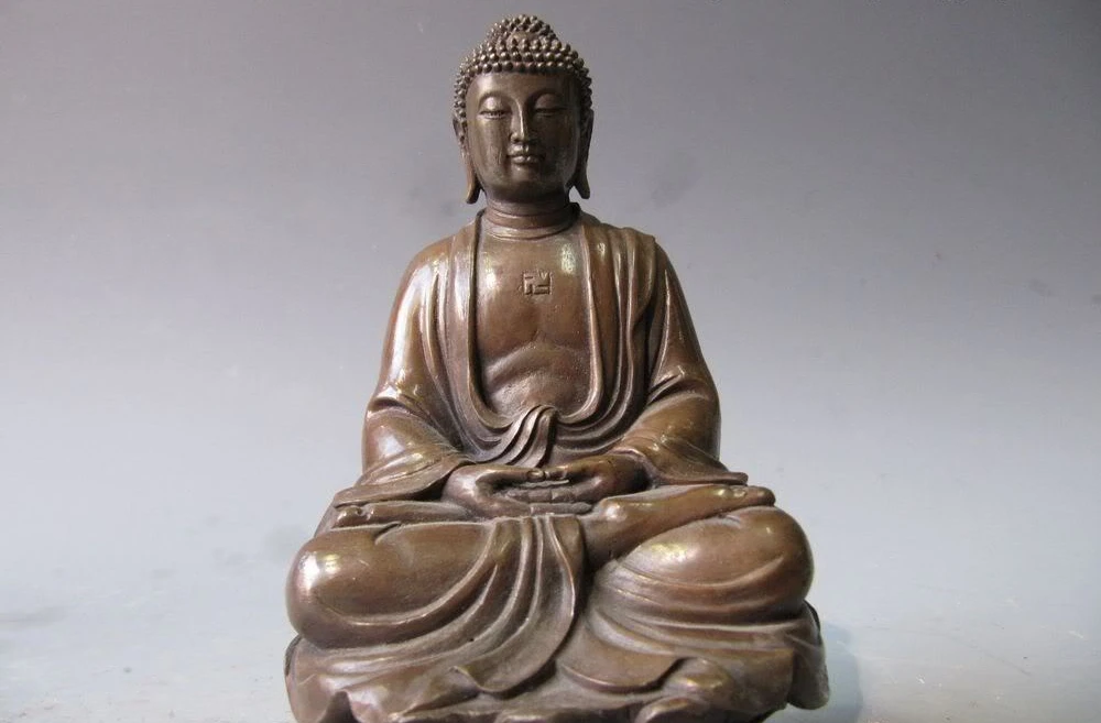 

7"Tibet Buddhism Pure Bronze Copper lotus Sit Tathagata Buddha Statue