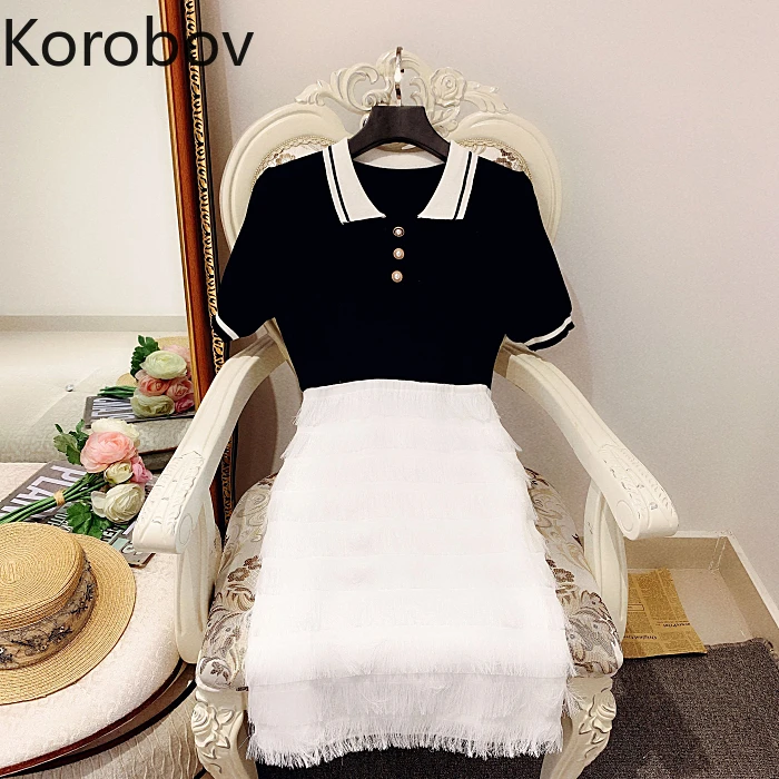 

Korobov Vintage Elegant Party Night Vestidos Dress Women Patchwork Tassel Summer Dresses Robe Femme Fake 2 Piece Dress 78499