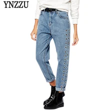 YNZZU Высокая талия джинсы Для женщин осень ушко Повседневное свободные прямые джинсовые штаны брюки для женщин; Большие размеры уличной YB210